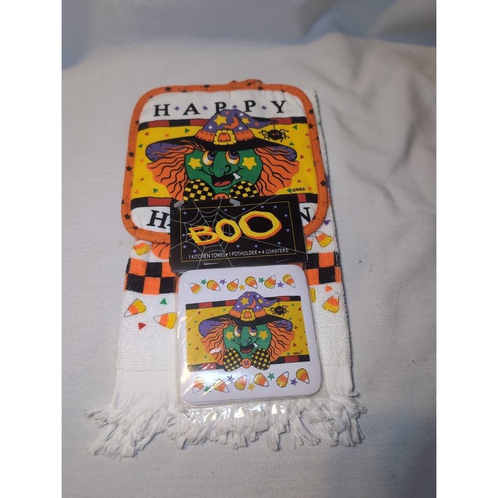 Vintage NOS Halloween Witch Kitchen Set Hand Towel Potholder & 4 Coasters B&D